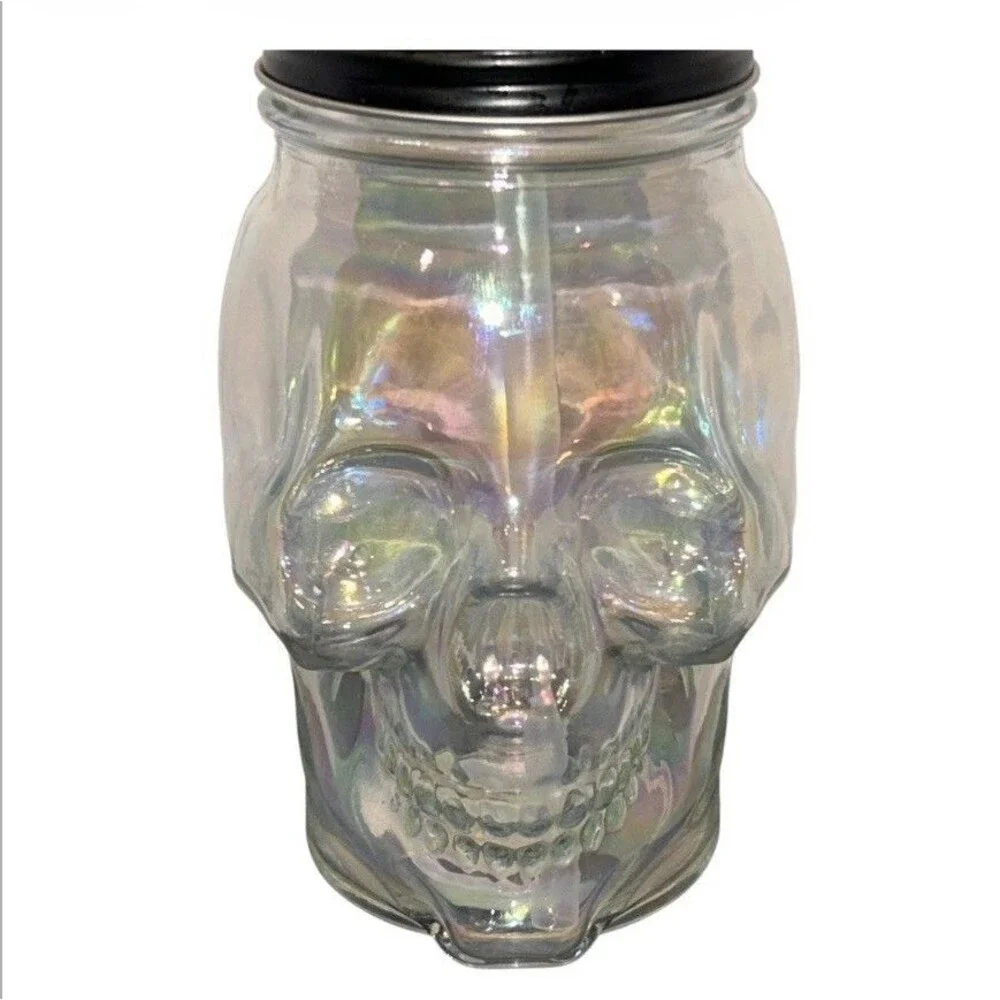2x Halloween Skull Iridescent Glass Mason Jar Cup with Lid and Straw